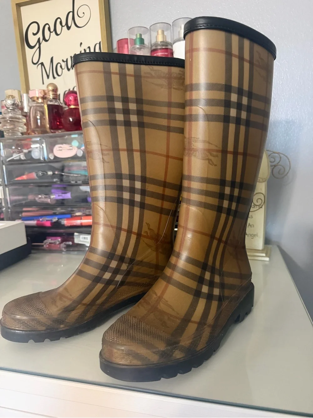 Burberry Beige Plaid Rain Boots